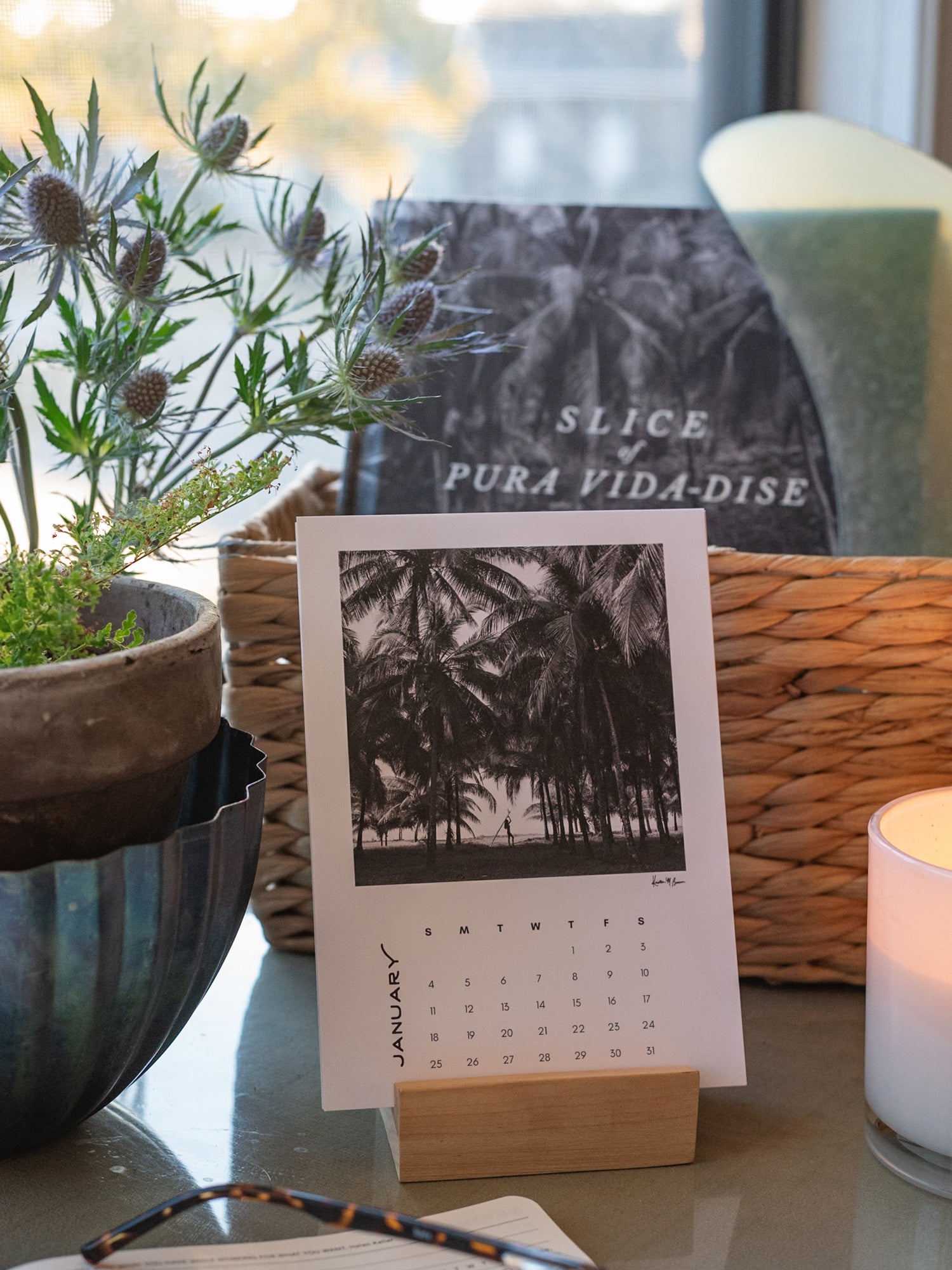 A Costa Rica desk calendar featuring a black and white photograph of palm trees, displayed on a small wooden stand on a tabletop. The background includes a woven basket, a potted plant, a candle, and a book titled 'SLICE OF PURA VIDA-DISE'.