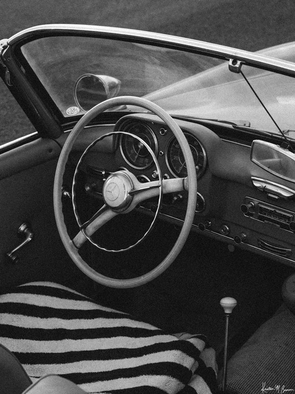 "Beach Benz 190SL" black and white photo print of classic convertible Mercedes Benz 190SL perfectly parked on the Pacific Coast Highway in Laguna Beach, CA. Photographed by Kristen M. Brown of Samba to the Sea for The Sunset Shop.
