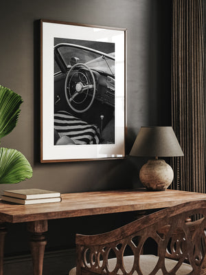 "Beach Benz 190SL" black and white photo print of classic convertible Mercedes Benz 190SL perfectly parked on the Pacific Coast Highway in Laguna Beach, CA. Photographed by Kristen M. Brown of Samba to the Sea for The Sunset Shop. Vintage Mercedes Benz photo print in home office.