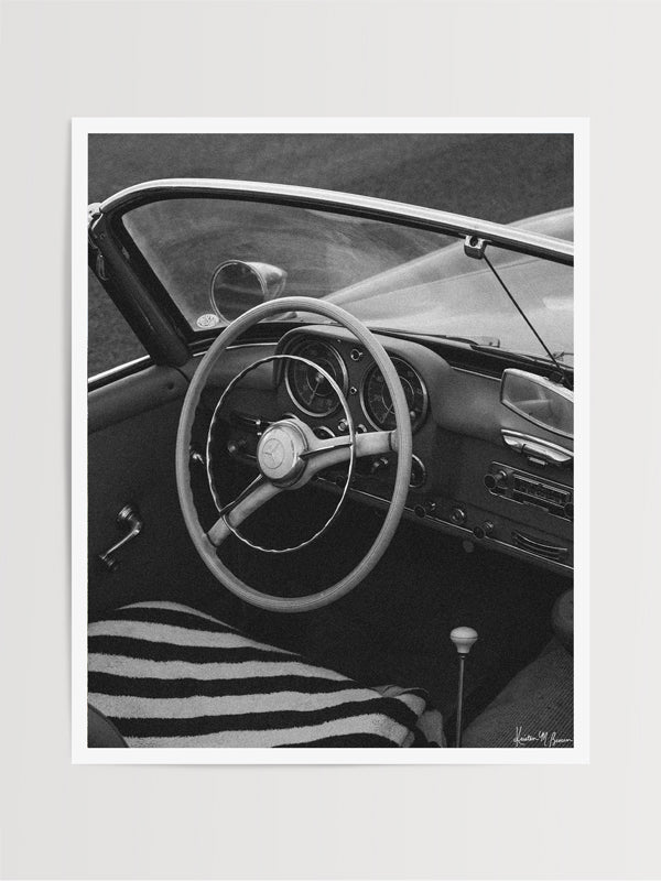 "Beach Benz 190SL" black and white photo print of classic convertible Mercedes Benz 190SL perfectly parked on the Pacific Coast Highway in Laguna Beach, CA. Photographed by Kristen M. Brown of Samba to the Sea for The Sunset Shop.