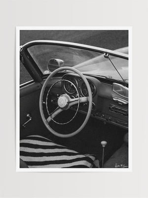 "Beach Benz 190SL" black and white photo print of classic convertible Mercedes Benz 190SL perfectly parked on the Pacific Coast Highway in Laguna Beach, CA. Photographed by Kristen M. Brown of Samba to the Sea for The Sunset Shop. 