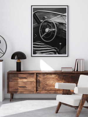 "Beach Benz 190SL" black and white photo print of classic convertible Mercedes Benz 190SL perfectly parked on the Pacific Coast Highway in Laguna Beach, CA. Photographed by Kristen M. Brown of Samba to the Sea for The Sunset Shop. Vintage Mercedes Benz photo print in modern coastal living room.