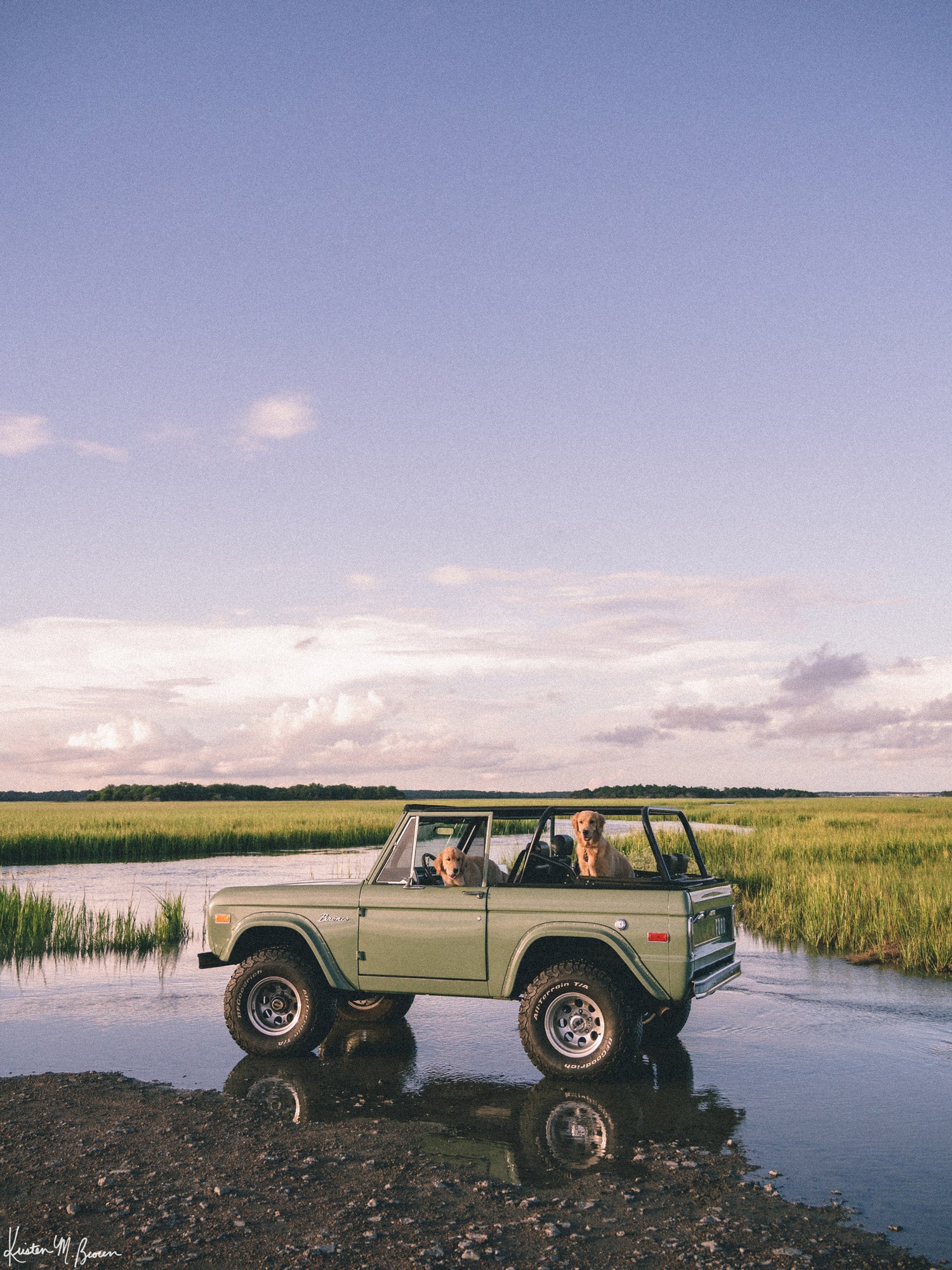 Photographic art print featuring a vintage green Ford Bronco along the marsh landscape under a pale blue sky with golden retrievers dogs waiting for an adventure. Lowcountry golden hours hit different when you’ve got four-wheel drive, a tailgate full of tail wags, and nowhere you’d rather be. "Best Friends and Bronco Rides" photo print of golden retrievers waiting for you to hop in a vintage Bronco to start the afternoon adventure along the marsh in Charleston, SC. Photograph by Kristen M. Brown.