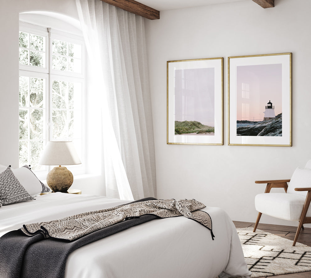 Coastal New England Photography of beach dunes and the Castle Hill Lighthouse in Newport Rhode Island during a pastel sunrise. Fine art prints by Kristen M. Brown of Samba to the Sea.