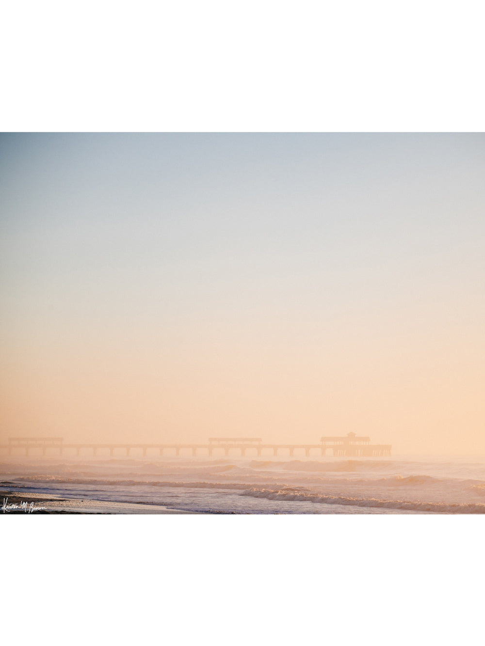 Photography of pastel sunrise in Charleston at Folly Beach pier. "Folly Blushing" photographed by Kristen M. Brown, Samba to the Sea.