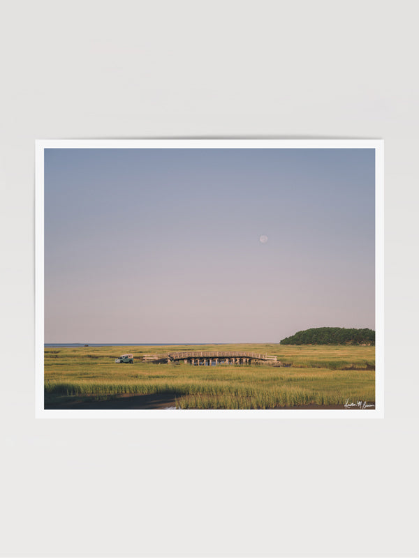 "Full Moon Rover" photo print of Land Rover Series 3 roving the marsh in Cape Cod as the full moon sets. Photographed by Kristen M. Brown of Samba to the Sea.