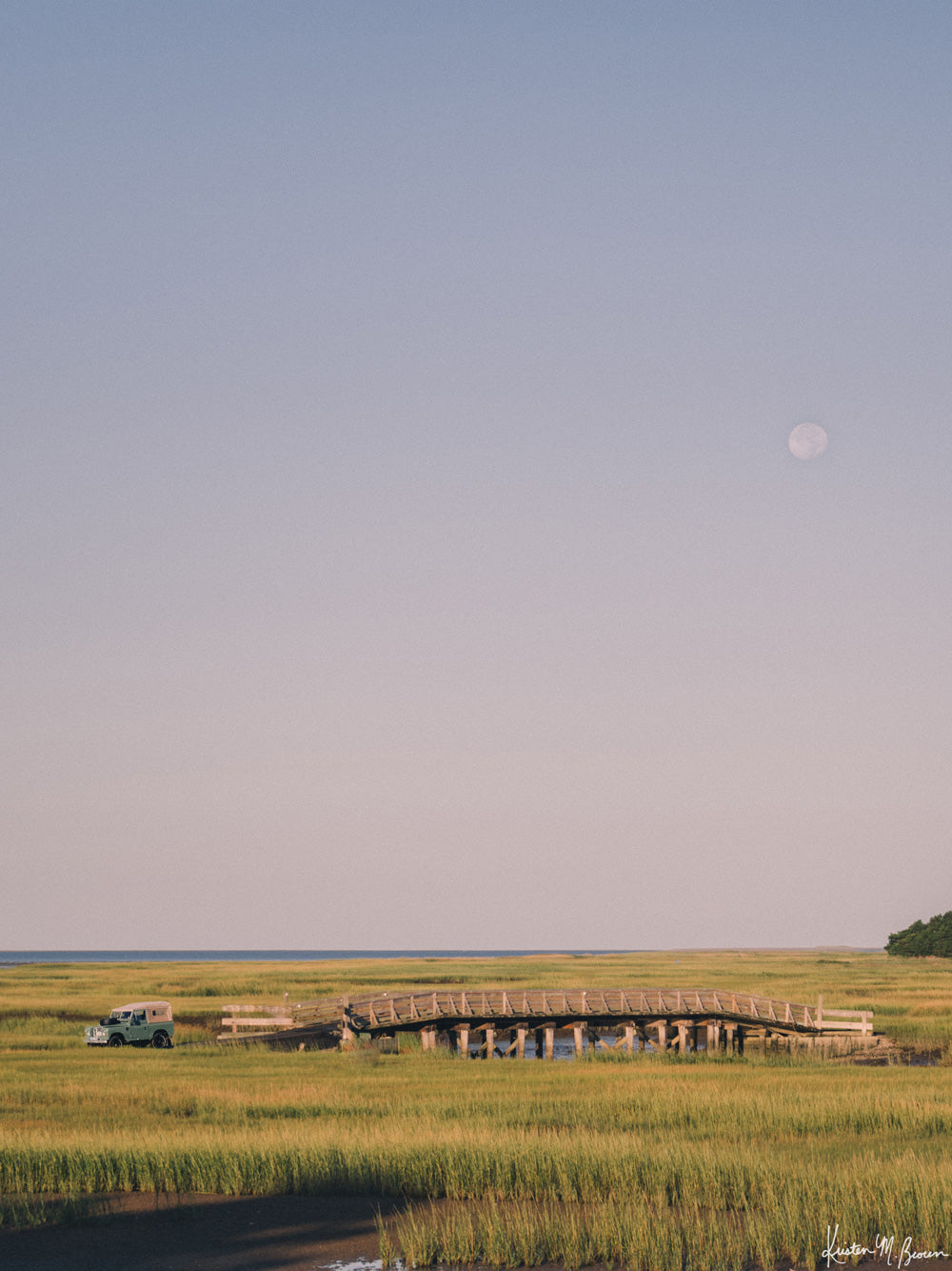 "Full Moon Rover" photo print of Land Rover Series 3 roving the marsh in Cape Cod as the full moon sets. Photographed by Kristen M. Brown of Samba to the Sea.