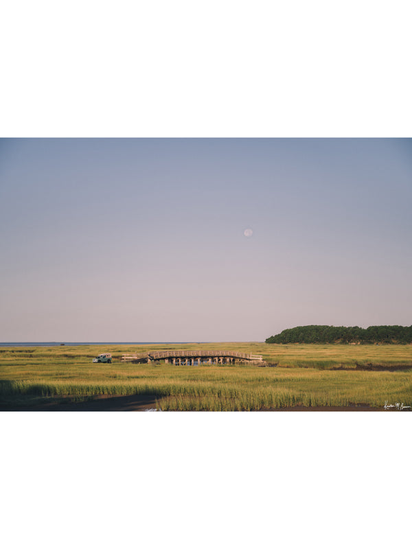 "Full Moon Rover" photo print of Land Rover Series 3 roving the marsh in Cape Cod as the full moon sets. Photographed by Kristen M. Brown of Samba to the Sea.