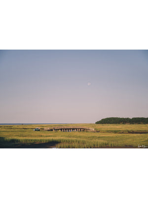  "Full Moon Rover" photo print of Land Rover Series 3 roving the marsh in Cape Cod as the full moon sets. Photographed by Kristen M. Brown of Samba to the Sea.