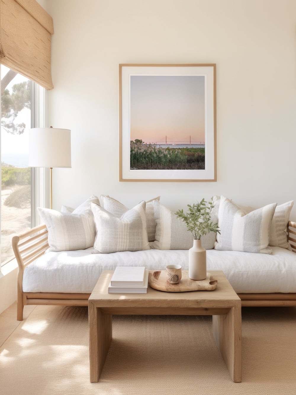 "Harbor Sunset Sail" framed photography print of sailboat sailing at sunset in Charleston Harbor with Ravenel Bridge. Coastal living room. Photographed by Kristen M. Brown, Samba to the Sea.