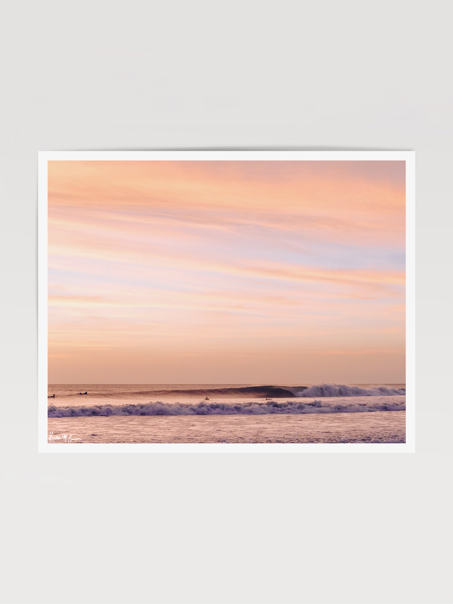 Rose gold sunset waves breaking in Costa Rica. Hola Ola! sunset wave print by Samba to the Sea at The Sunset Shop. Image of breaking waves during a beautiful sunset in Costa Rica.