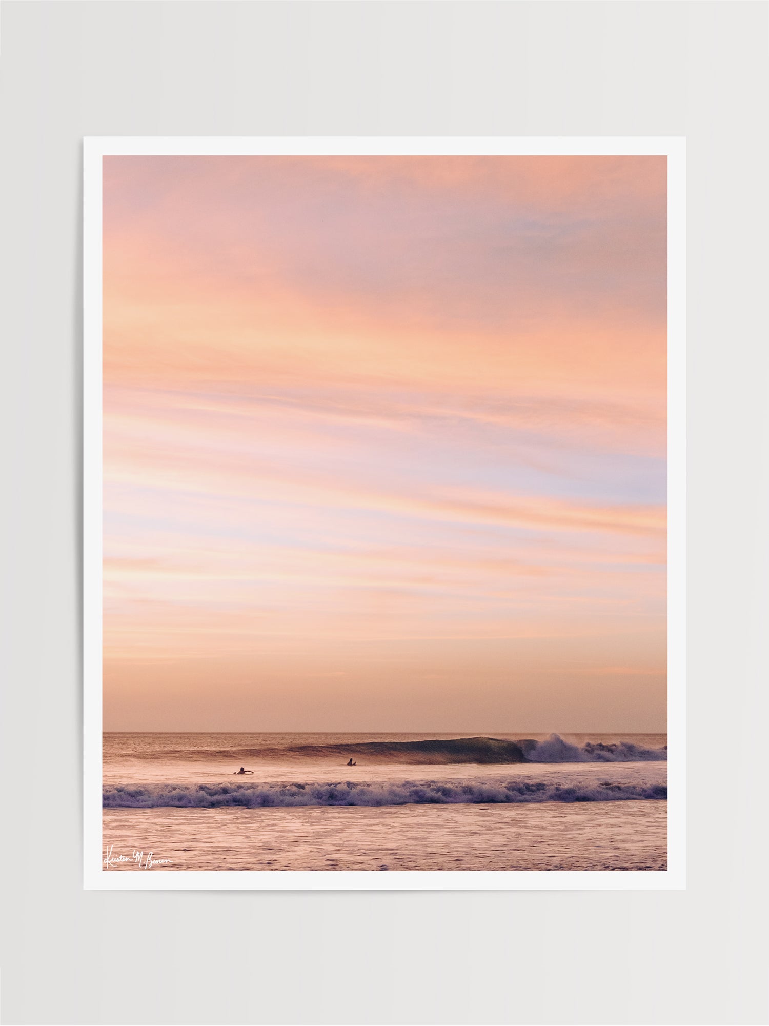 Rose gold sunset waves breaking in Costa Rica. Hola Ola! sunset wave print by Samba to the Sea at The Sunset Shop. Image of breaking waves during a beautiful sunset in Costa Rica.