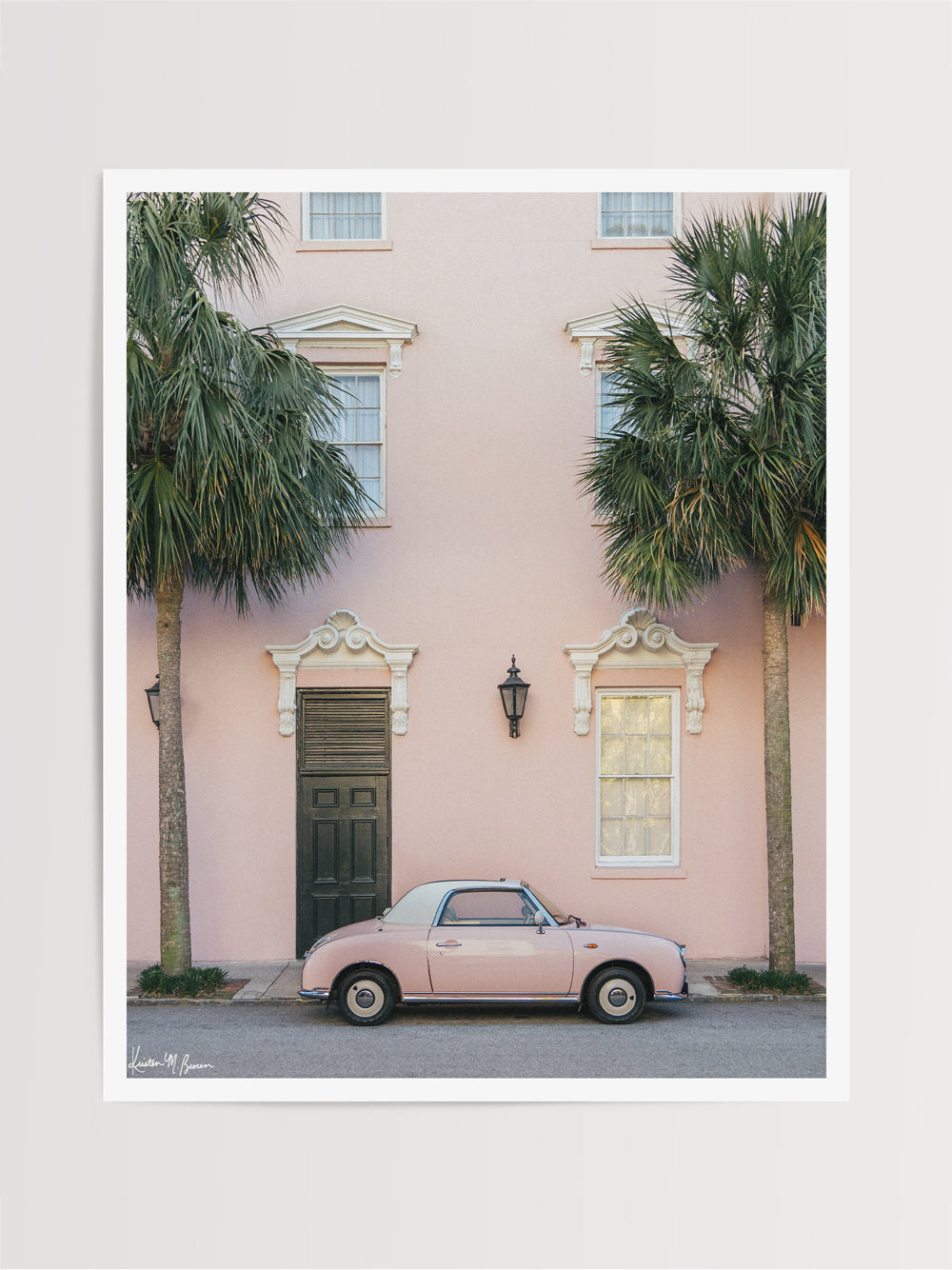 Photography print of a pastel pink Figaro perfectly parked with a pink historic building in Charleston. "In the Pink" photographed by Kristen M. Brown, Samba to the Sea.