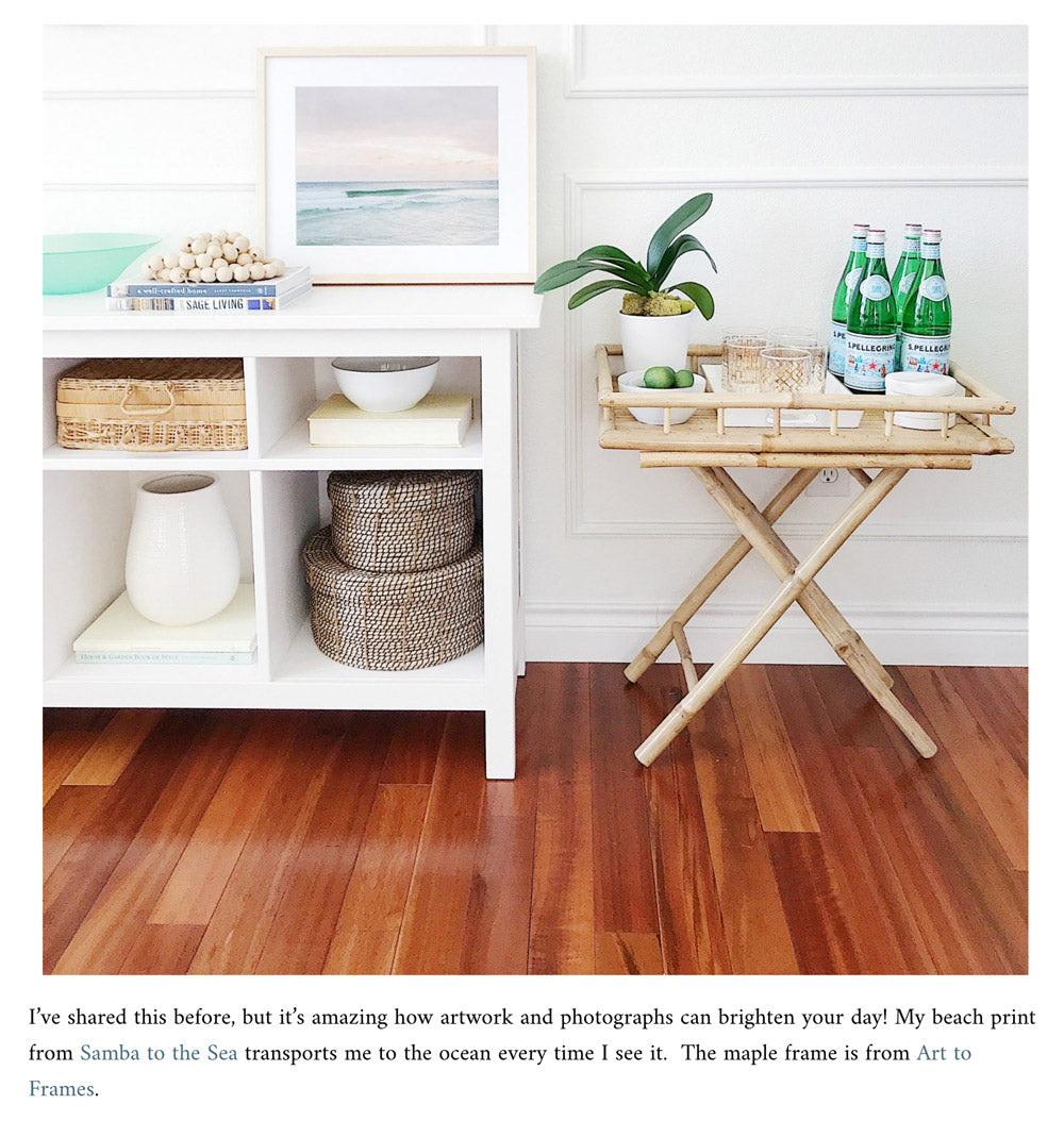 Review by Jane at Home. Sunset beach fine art print styled by Jane at Home. Beautiful pastel pink sunset in Watercolor Florida. Photograph by Samba to the Sea for The Sunset Shop, framed by Art to Frames.