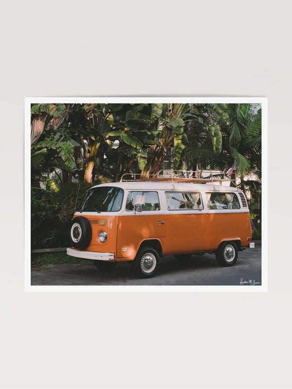 Orange VW Bus photo print in Southern California. “Leucadia Bus” photo print of a beautiful vintage VW Bus in Encinitas, California by Kristen M. Brown of Samba to the Sea for The Sunset Shop.