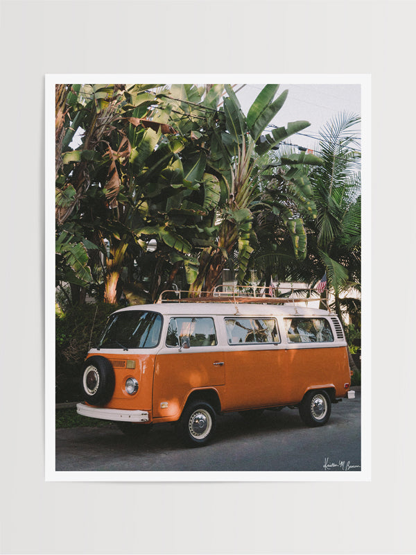 Orange VW Bus photo print in Southern California. “Leucadia Bus” photo print of a beautiful vintage VW Bus in Encinitas, California by Kristen M. Brown of Samba to the Sea for The Sunset Shop.