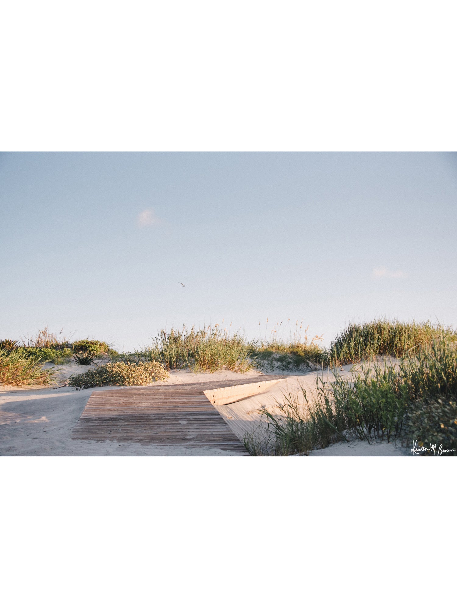 Through the wandering beach dunes and just over the boardwalk the shoreline awaits your morning stroll. Bring the tranquil rhythm of rolling beach dines and the soothing warmth of a coastal morning into your everyday space with "Morning Drift". Kiawah beac photo print by Kristen M. Brown of Samba to the Sea for The Sunset Shop.