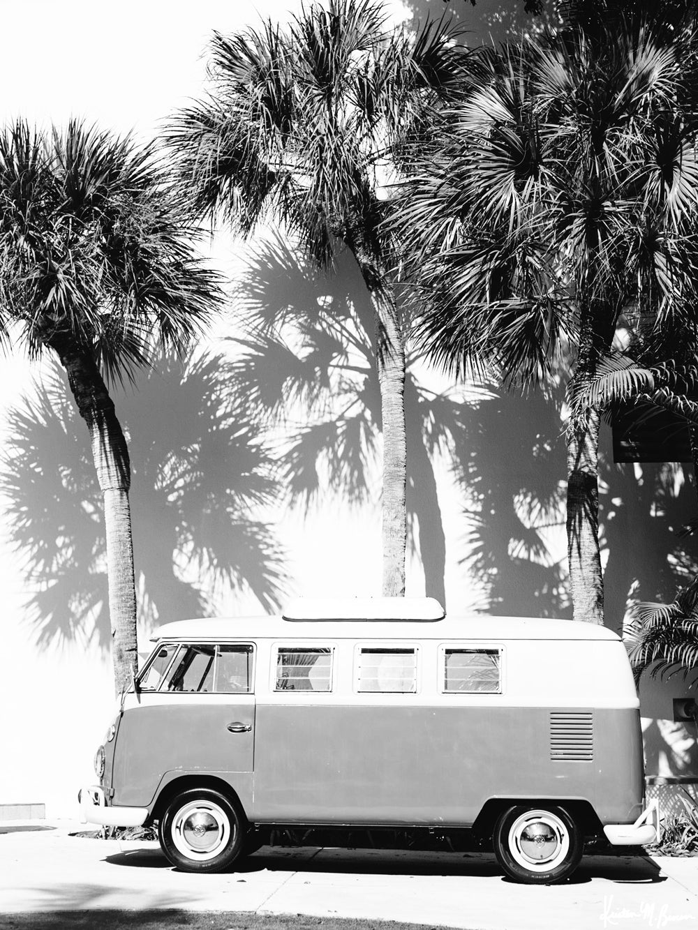 Life is simple - - surf 🏄🏼♀️ , jam 🎸, live life in a VW Van 🚌 . Channel those carefree, summertime vanlife beach days at home with this palm trees VW bus print. Black & White VW bus wall art print "Palmetto Bus" perfectly parked under Palmetto palm trees in Miami. By Kristen M. Brown of Samba to the Sea for The Sunset Shop.