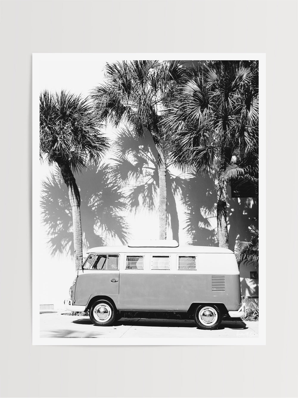 Life is simple - - surf 🏄🏼♀️ , jam 🎸, live life in a VW Van 🚌 . Channel those carefree, summertime vanlife beach days at home with this palm trees VW bus print. Black & White VW bus wall art print "Palmetto Bus" perfectly parked under Palmetto palm trees in Miami. By Kristen M. Brown of Samba to the Sea for The Sunset Shop.