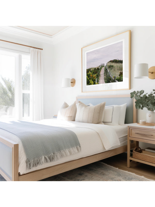 "Path to Fortune" photo print of beach path through the dunes in Coastal New England framed print hanging in serene coastal bedroom. Photographed by Kristen M. Brown of Samba to the Sea for The Sunset Shop.