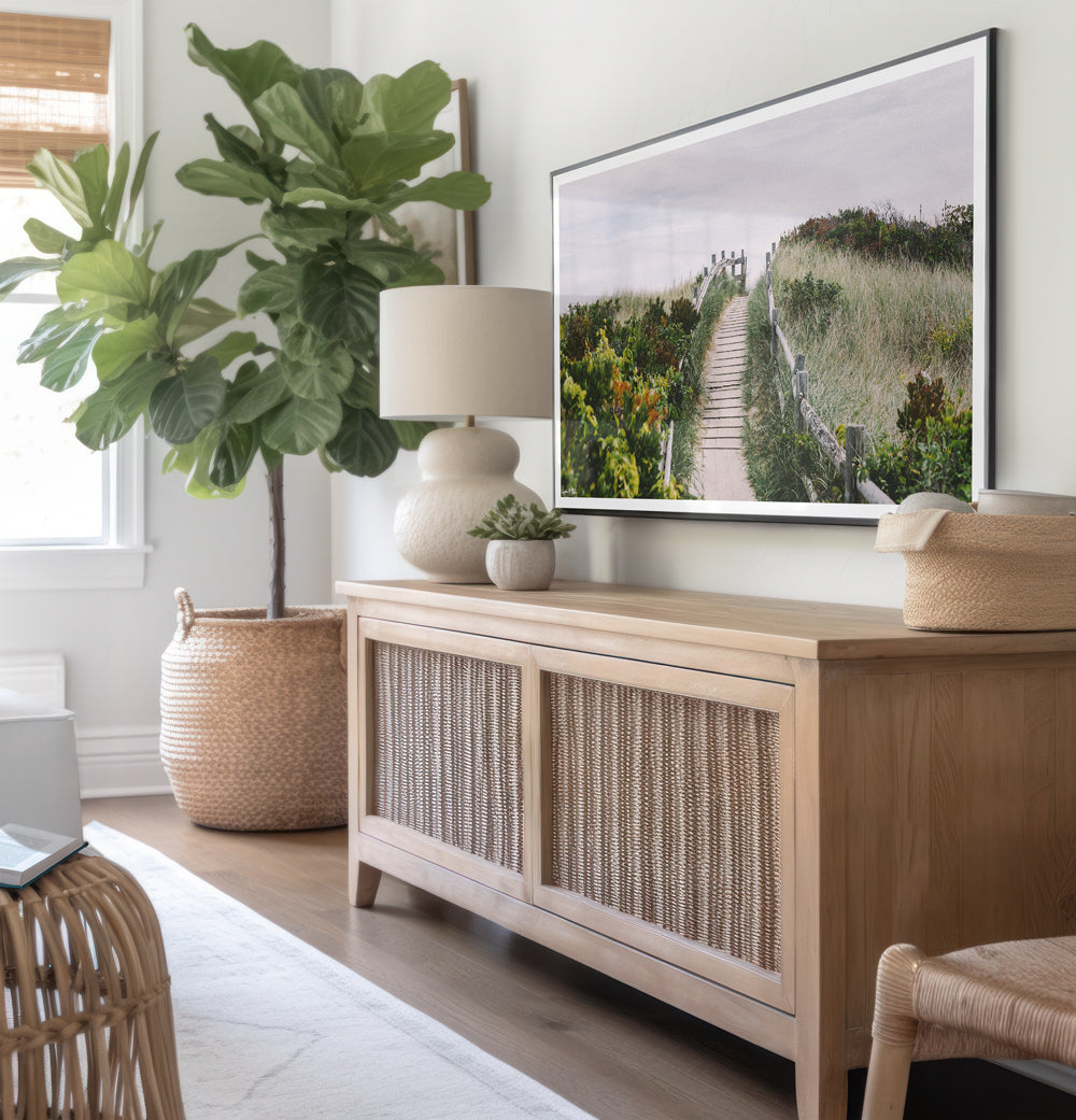 "Path to Fortune" photo print of beach path through the dunes in Coastal New England framed print hanging in serene coastal living room. Photographed by Kristen M. Brown of Samba to the Sea for The Sunset Shop.