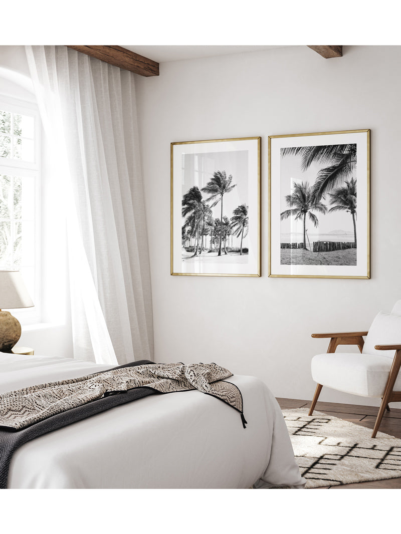 Spanish coastal bedroom with black and white palm tree photography prints. Fine Art Photos by Kristen M. Brown of Samba to the Sea for The Sunset Shop.