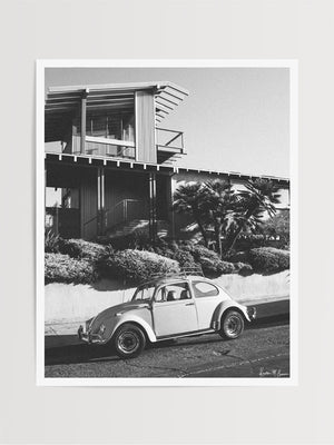 "Stonesteps Bug" black and white photo print of classic VW Bug 1300 perfectly parked at Stonesteps in Encinitas, CA. Photographed by Kristen M. Brown of Samba to the Sea for The Sunset Shop. 