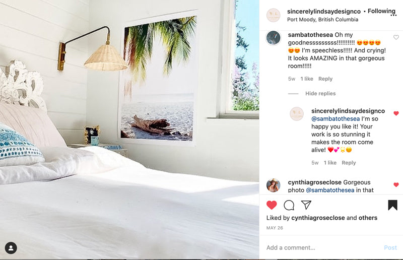 Review of "Via Paradise". White beach bungalow bedroom and palm tree beach print in Costa Rica. Prints by Kristen M. Brown of Samba to the Sea for The Sunset Shop.