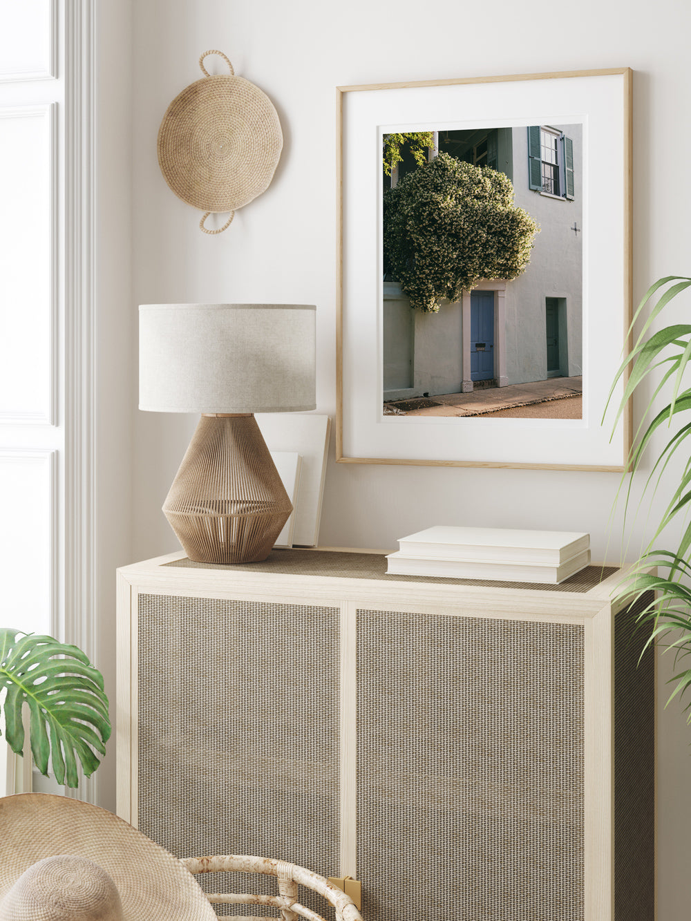 Framed photography print of blooming Jasmine and green and blue historic building in downtown Charleston. "Tradd Blooming" photographed by Kristen M. Brown, Samba to the Sea.