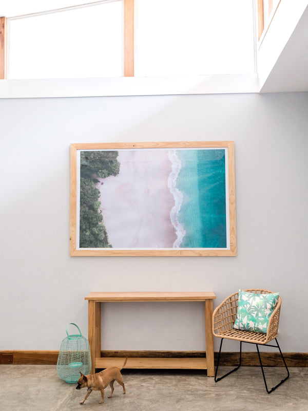 Aerial image of white sand beach and turquoise water of the beach at Playa Conchal, Costa Rica. Aerial beach print by Samba to the Sea at The Sunset Shop. Coastal living large wall art framed aerial beach print.