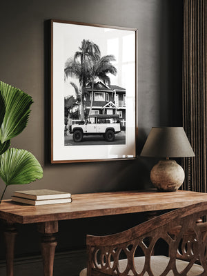 Black and white Land Rover wall art hanging in home office. "Beacon Rover" black and white Land Rover Defender Tdi Southern California photo print by Kristen M. Brown of Samba to the Sea for The Sunset Shop.
