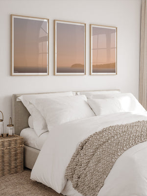 Golden glow sunset over Point Dume in Malibu, CA photo print by Kristen M. Brown of Samba to the Sea for The Sunset Shop. Triptych sunset photo print in white coastal bedroom.