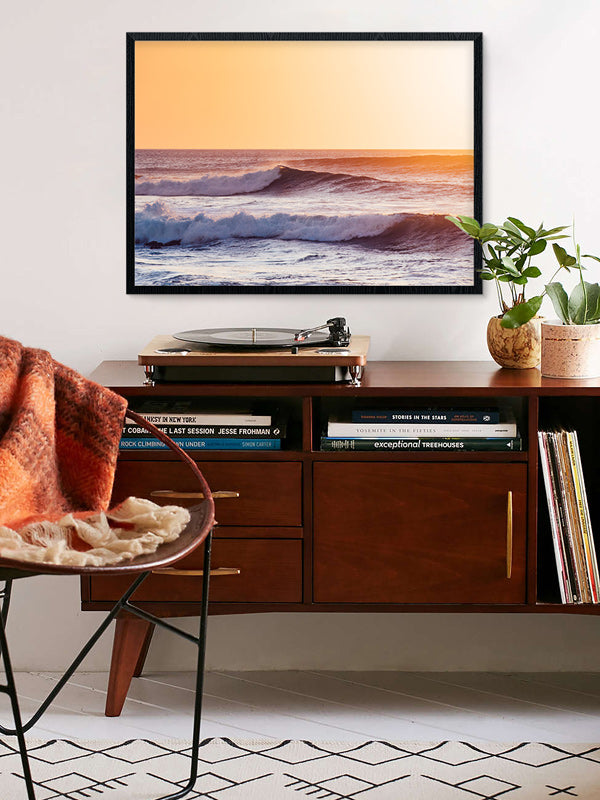 Gone Surfing print by Samba to the Sea at The Sunset Shop. Image of breaking waves during a golden sunset in Costa Rica. MCM surf shack vibes.