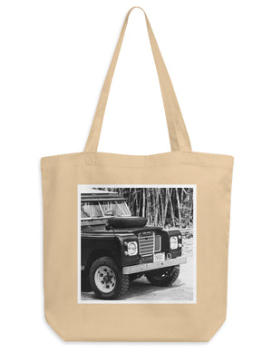 Organic cotton eco friendly photo tote of vintage Land Rover.. Carry your stuff and show off your style with your eye for beautiful photography - yes please! This spacious tote fits your favorite Saturday market goodies, your surf / beach day gear, and so much more. Available at The Sunset Shop.