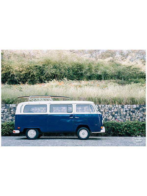 Life is simple - - surf 🏄🏼♀️ , jam 🎸, live life in a VW Van 🚌 . Channel those carefree, summertime beach days at home with this indigo blue surfer VW bus print in Costa Rica. "Magic Bus" photographed by Kristen M. Brown, Samba to the Sea for The Sunset Shop.
