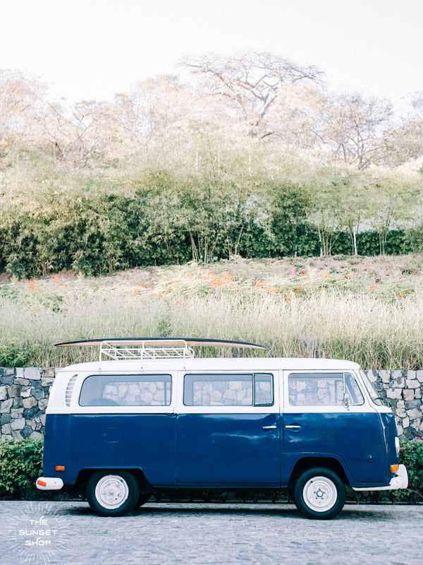 Life is simple - - surf 🏄🏼‍♀️ , jam 🎸, live life in a VW Van 🚌 . Channel those carefree, summertime beach days at home with this indigo blue surfer VW bus print in Costa Rica. "Magic Bus" photographed by Kristen M. Brown, Samba to the Sea for The Sunset Shop.