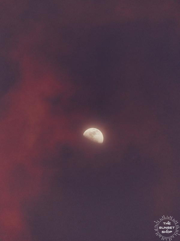 Moon against pink and purple sky in Tamarindo Costa Rica. Moon Child print by Samba to the Sea at The Sunset Shop.