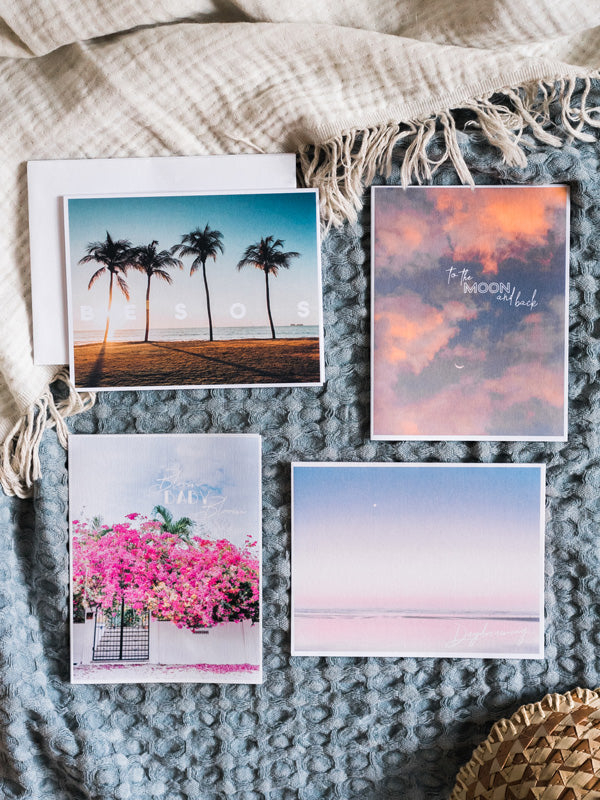 Photo notecard set. What's better than a text message from a loved one? Happy mail from a loved one! š«š Grab this dreamy set of four notecards printed on divine linen card stock (blank inside) and start sending some love notes to your mom, boyfriend/girlfriend, best friend...and of course your grandma! By Kristen M. Brown, Samba to the Sea for The Sunset Shop.