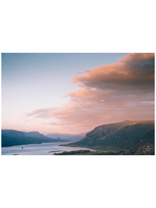 Pastel pink sunset sky over the Columbia Rive Gorge in Oregon. Sunset sky over Hood River in Oregon. "Oregon Gorgeous" pastel sunset print by Kristen M. Brown, Samba to the Sea.