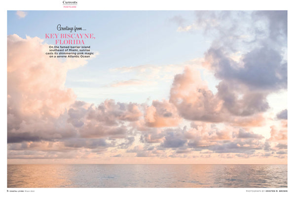 "Greetings from Key Biscayne" featured in Coastal Living. Pastel pink sunrise photography print in Key Biscayne Florida. Photographed by Kristen M. Brown of Samba to the Sea at The Sunset Shop.