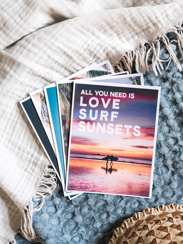 "Love, Surf, Sunsets" Costa Rica postcard. What's better than a text message from a loved one? Happy mail from a loved one! š«š Grab this dreamy set of five postcards printed on 100% recycled card stock and start sending (or leaving in their bag!) some happy mail postcards to your mom, boyfriend/wife/significant other, best friend...and of course your grandma! By Kristen M. Brown, Samba to the Sea for The Sunset Shop.