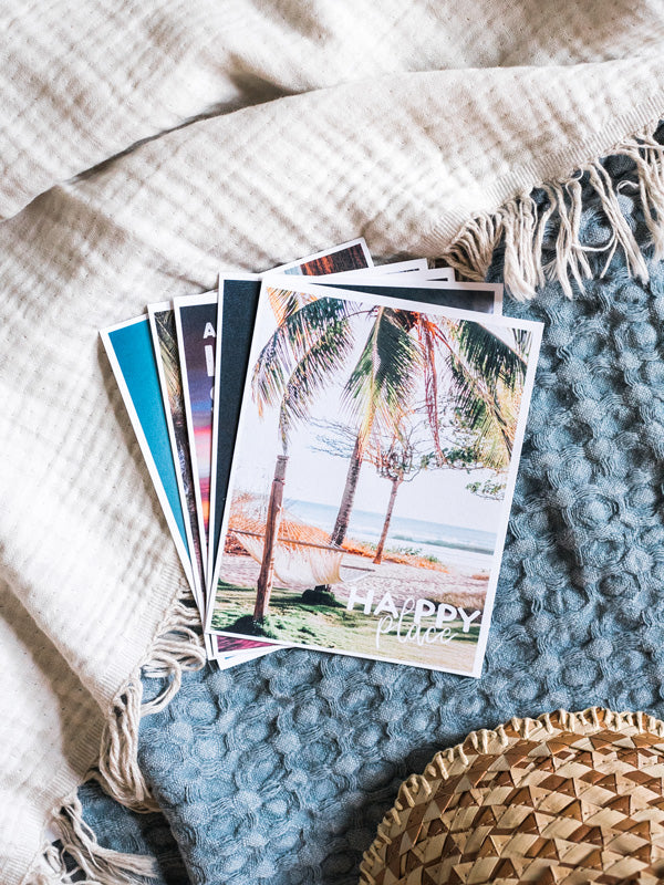 "Happy Place" Costa Rica postcard. What's better than a text message from a loved one? Happy mail from a loved one! š«š Grab this dreamy set of five postcards printed on 100% recycled card stock and start sending (or leaving in their bag!) some happy mail postcards to your mom, boyfriend/wife/significant other, best friend...and of course your grandma! By Kristen M. Brown, Samba to the Sea for The Sunset Shop.