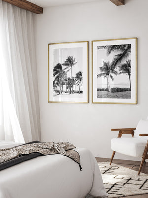 Spanish coastal bedroom with black and white palm tree photography prints. Fine Art Photos by Kristen M. Brown of Samba to the Sea for The Sunset Shop.