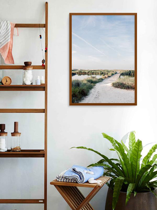 Light and bright spa bathroom with coastal print. Beach path through the Ocean Course to the beach in Kiawah, Island South Carolina. Photographed by Kristen M. Brown, Samba to the Sea.