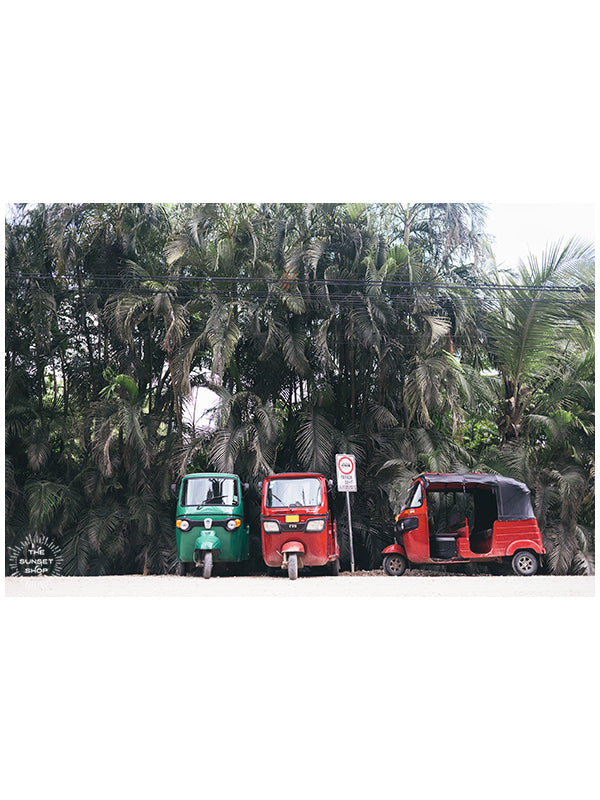 Tuk tuks in Nosara Costa Rica. Where the jungle meets the sea, there lies a boho beach town. You can surf at dawn, practice yoga at sunset, and ride around town via tuk tuk. Welcome to paradise in Nosara (Playa Guiones), Costa Rica. "Tuk Tukking" Photographed by Samba to the Sea for The Sunset Shop.
