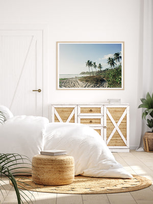 Palm trees at the beach in Nosara Costa Rica (Playa Guiones). “Welcome to Pura Vidadise” Nosara beach photography print photographed by Samba to the Sea for The Sunset Shop. Tropical modern white bedroom.