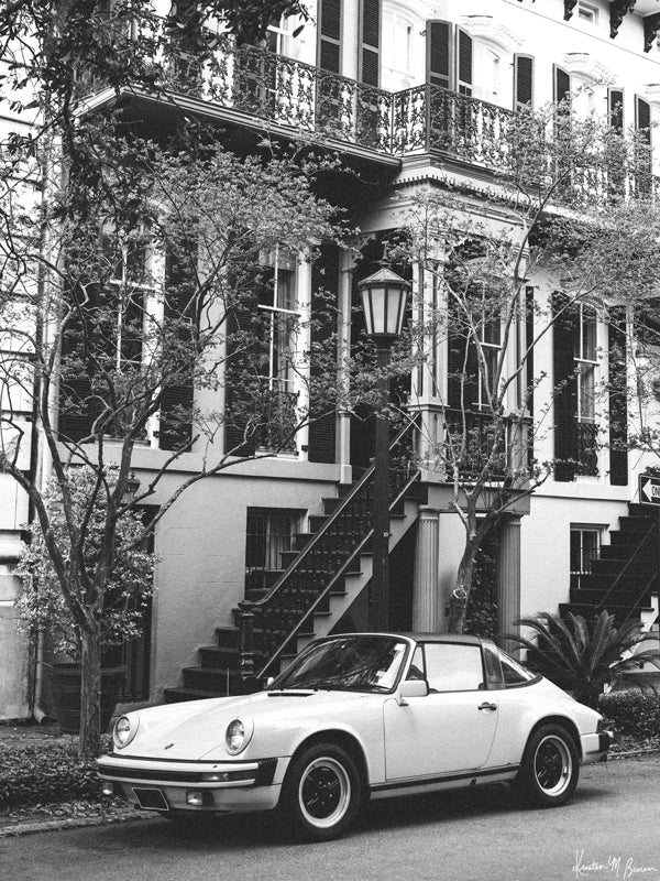 From Savannah's gorgeous architecture to her dreamy, vintage vehicles, like this Porsche 911 perfectly parked on a beautiful spring day in Madison Square, the Hostess City is like none other. "911 Porsche in 912 Savannah" B&W photo print by Kristen M. Brown of Samba to the Sea for The Sunset Shop.
