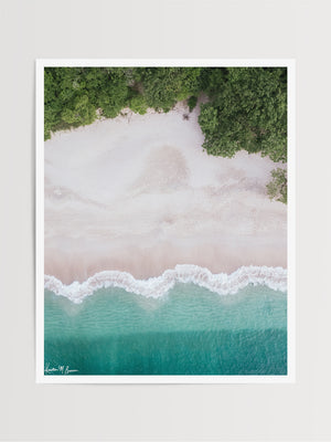 Aerial image of white sand beach and turquoise water of the beach at Playa Conchal, Costa Rica. Aerial beach print by Samba to the Sea at The Sunset Shop.