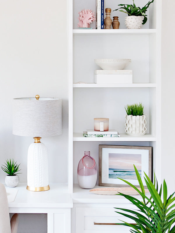 Beach sunset in Watercolor, Florida photo print displayed in a feminine neutral coastal beach home office. Interior by Jen Griffith at Mesmerizing Moments. Watercolor, Florida sunset beach photo print “Beach “Happy photographed by Kristen M. Brown.