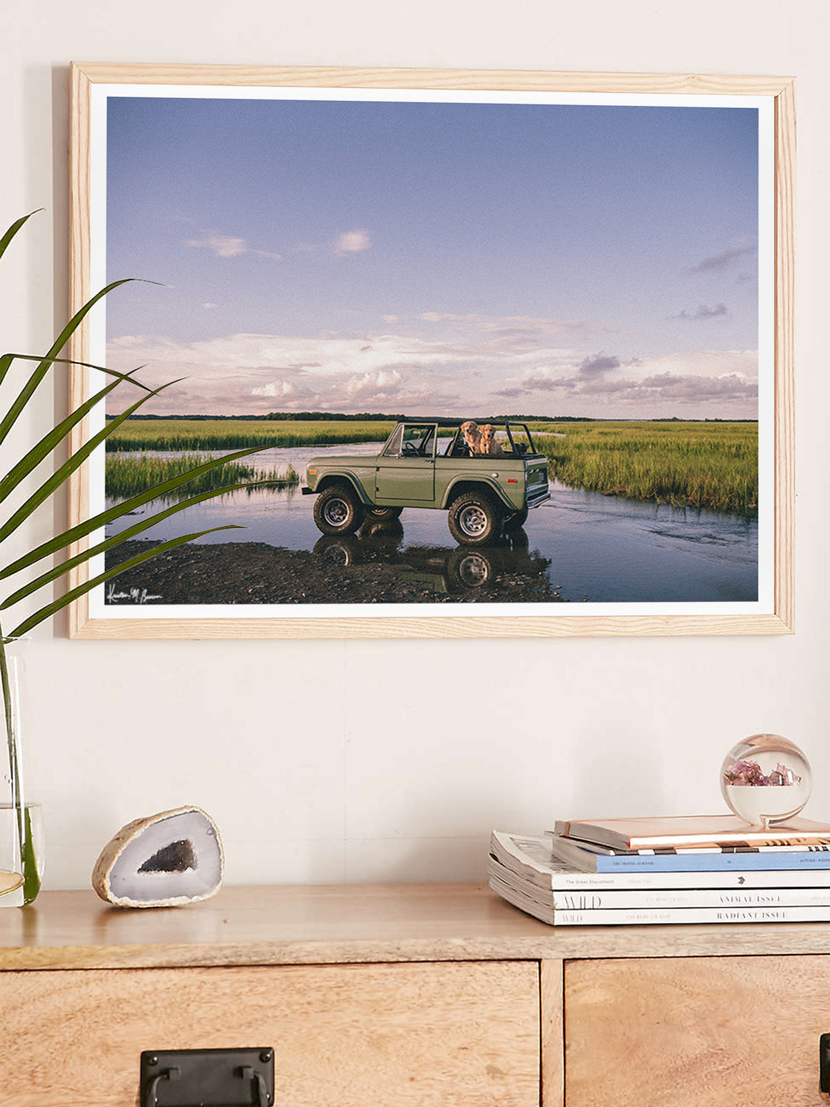 Framed photographic art print featuring a vintage green Ford Bronco along the marsh landscape under a pale blue sky with golden retrievers dogs waiting for an adventure. Lowcountry golden hours hit different when you’ve got four-wheel drive, a tailgate full of tail wags, and nowhere you’d rather be. "Best Friends and Bronco Rides" photo print of golden retrievers waiting for you to hop in a vintage Bronco to start the afternoon adventure along the marsh in Charleston, SC. Photograph by Kristen M. Brown.